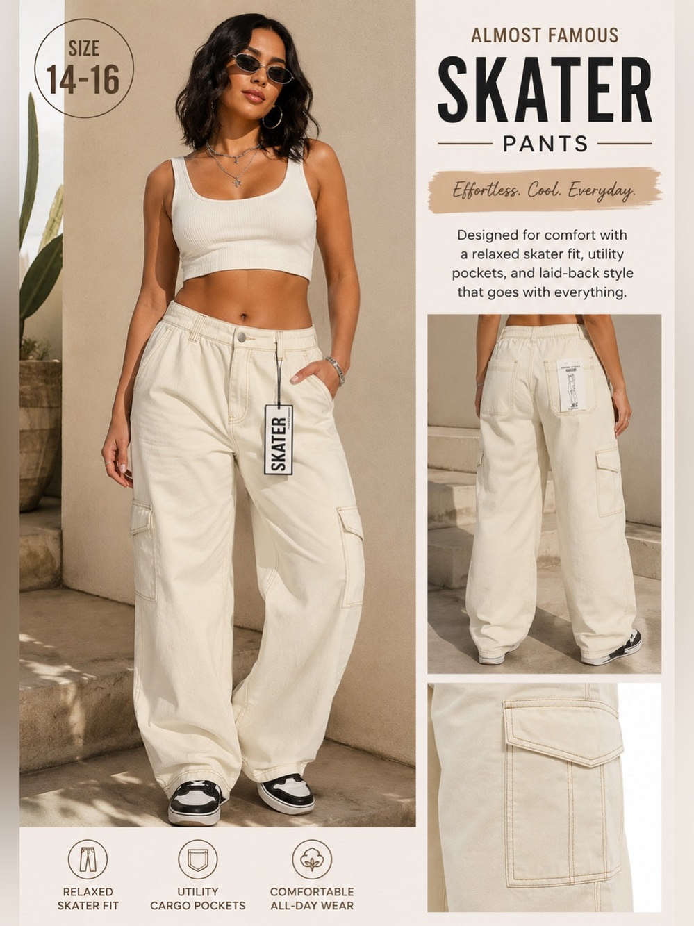 Almost Famous Cream Wide-Leg Cargo Skater Pants